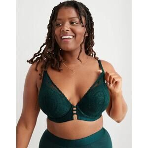 NWT Aerie Real Power Plunge Push up Paisley Lace Bra Deep Forest Green Size 38D